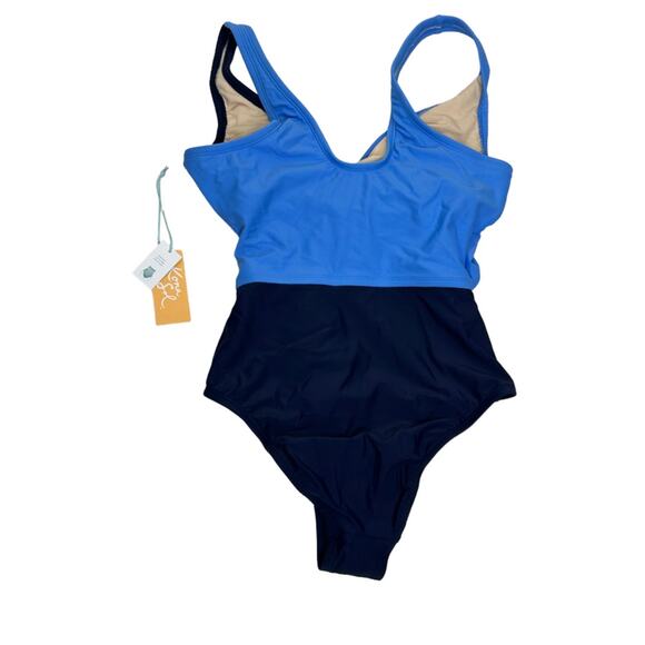 Kona Sol Blue Colorblock Wrap Front One-Piece Swimsuit Small NWT - Picture 6 of 12